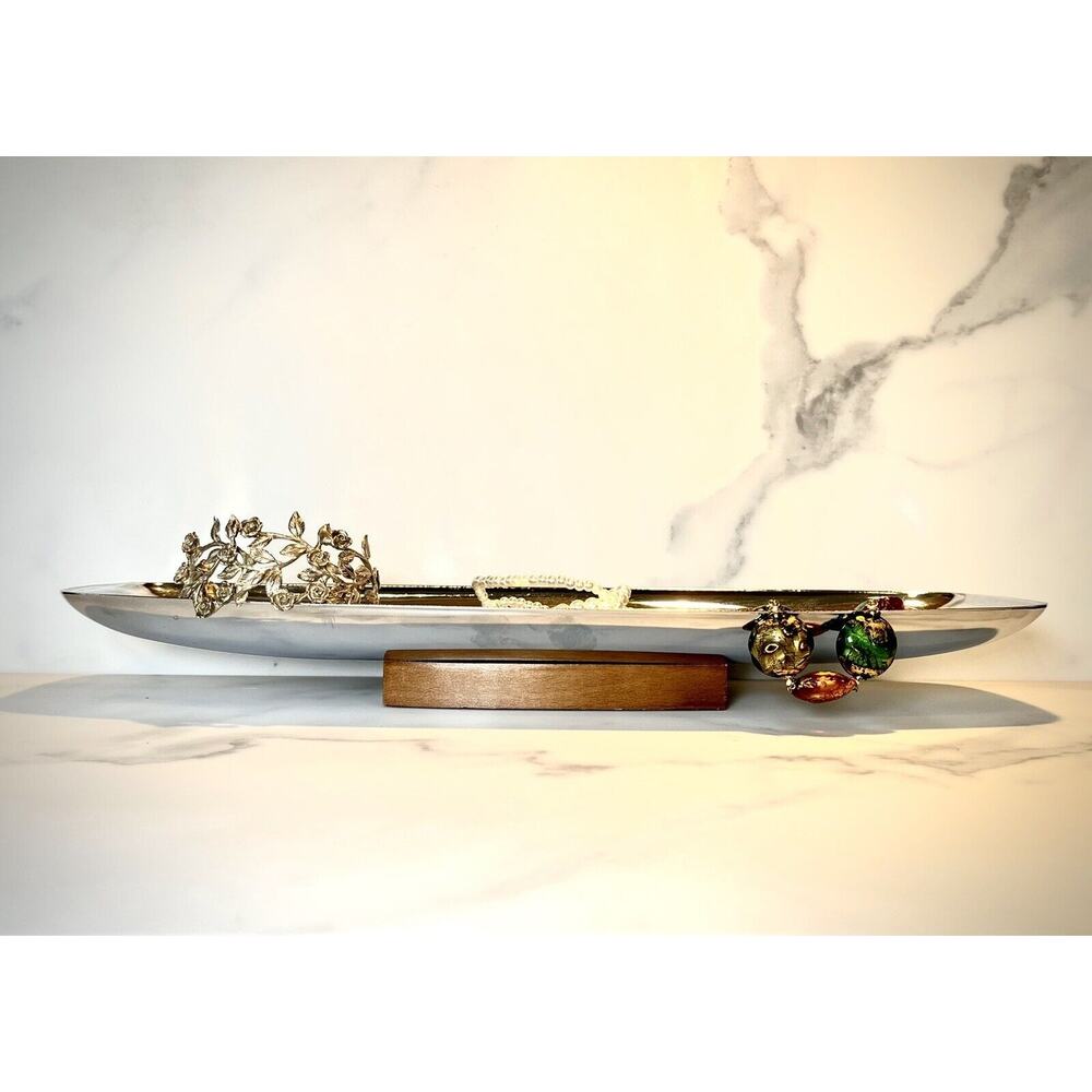 Milbern Creations Chrome Oblong Serving Tray Wood Base-Danish Modern-Made in USA
